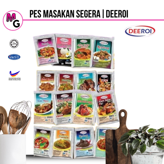 Deeroi food packaging with cooking utensils and plants on a white background